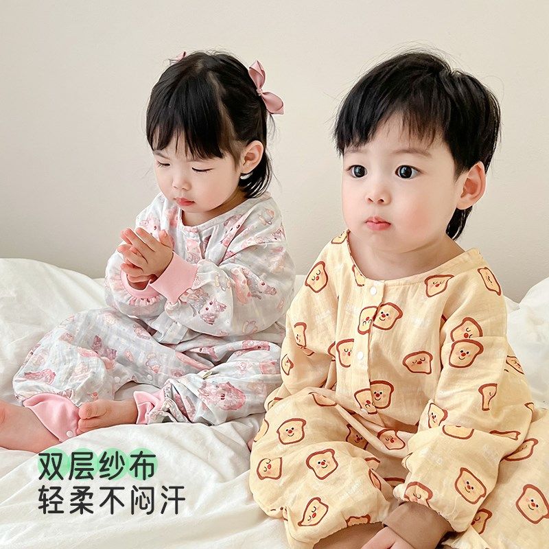 宝宝连体睡衣春夏男童双层纱布睡袋婴儿薄款护肚防踢儿童家居服女图片