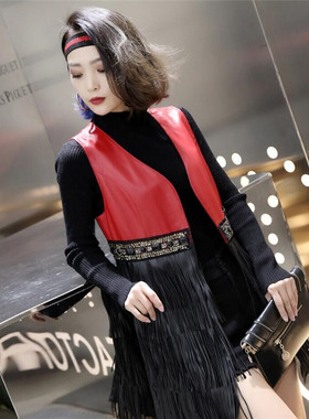 流苏马甲女中长款2021春新款绵羊皮修身皮衣真皮红色腰钻无袖外套