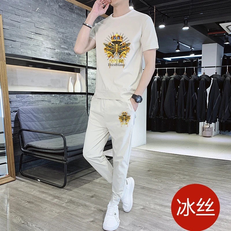 冰丝套装男夏季薄款休闲运动裤时尚韩版潮流青少年短袖上衣两件套
