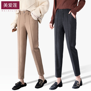 毛呢直筒裤女秋冬西裤烟管裤韩版呢子休闲九分裤哈伦裤大码胖宽松