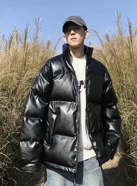 pu皮棉服男韩版潮流冬季加厚棉衣面包服宽松帅气外套棉袄2021新款