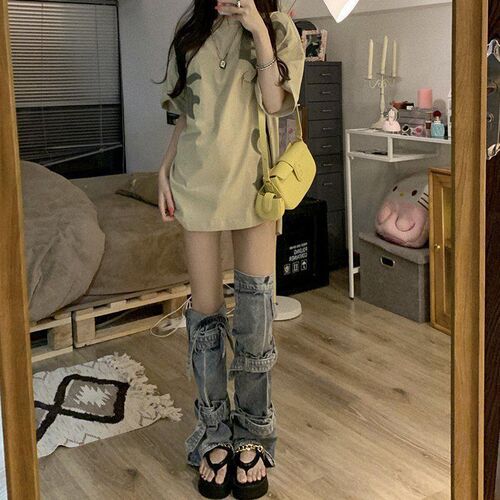 甜酷辣妹小众牛仔绑带腿套中筒不对称亚文化百搭单品潮流美腿神器