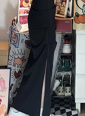 梨形身材开叉工装半身裙女夏新款胖妹妹mm高腰遮胯显瘦褶皱中长裙