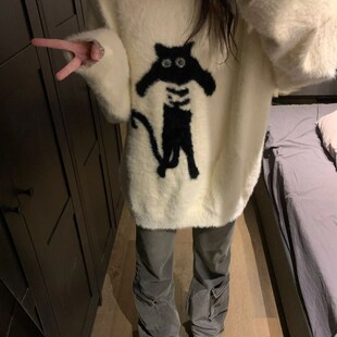 美式猫咪慵懒风宽松圆领毛衣女套头毛绒针织衫加厚上衣长袖秋冬