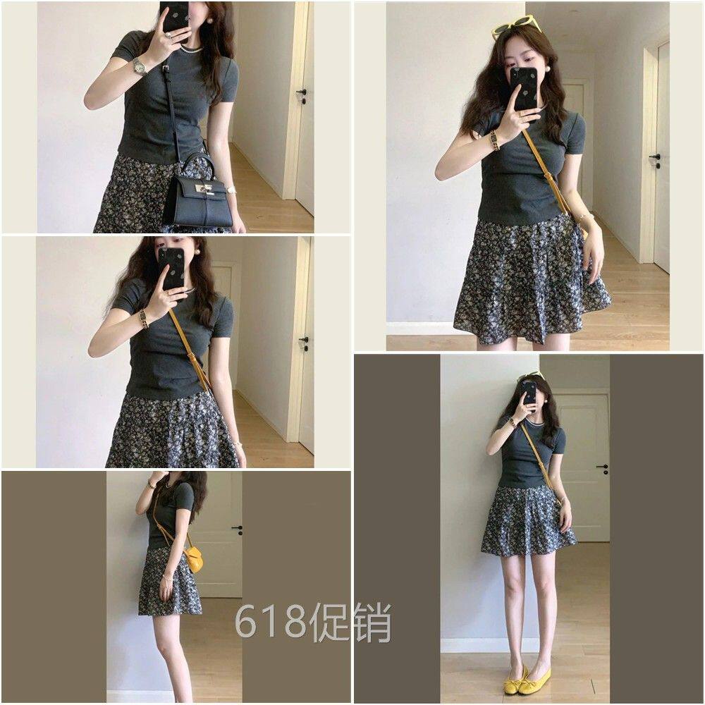 夏季减龄时尚穿搭一整套女纯色圆领修身T恤碎花蛋糕半身裙两件套
