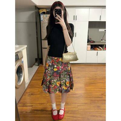 覆古小众高端优雅的印花百褶裙2025春夏新款修身女士短裙