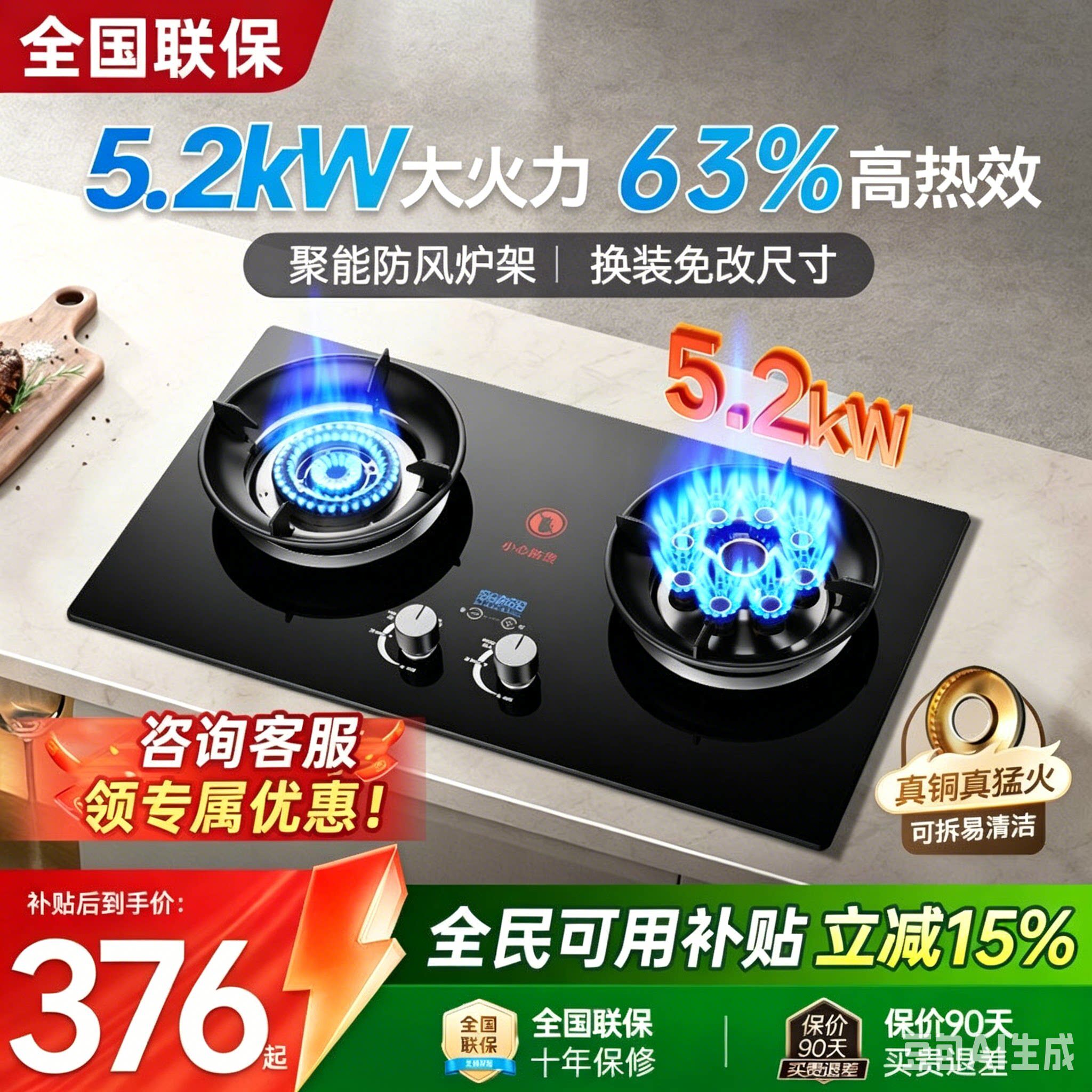 六福好太太瓦斯智能瓦斯炉台嵌两用5.2kW猛火定时熄火保护灶具