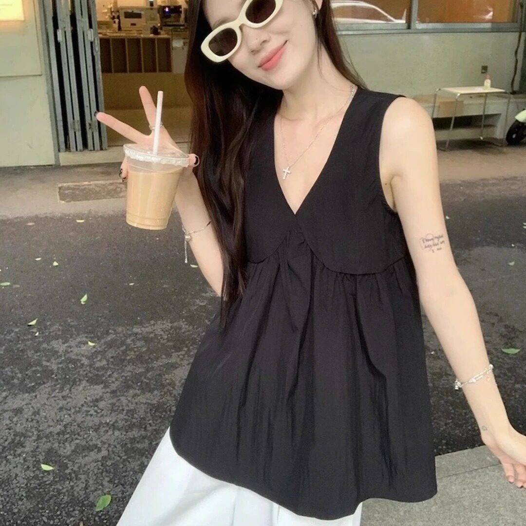 夏季黑色V领中长款小个子背心