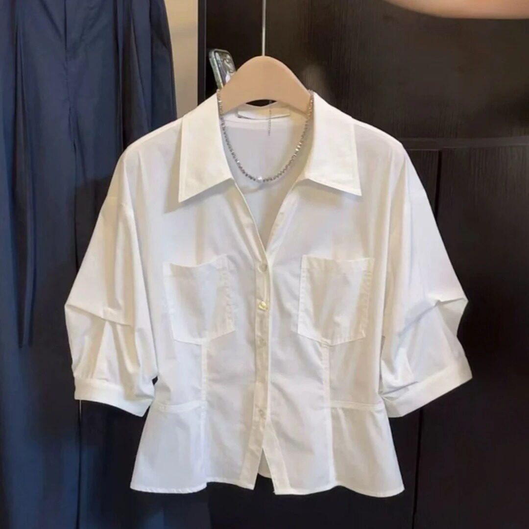 夏季白色法式泡泡袖收腰衬衫女