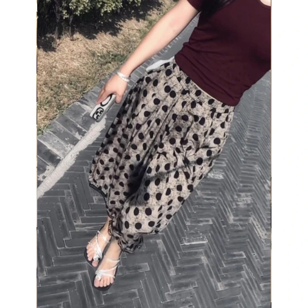 夏季高腰显瘦波点阔腿八分裤