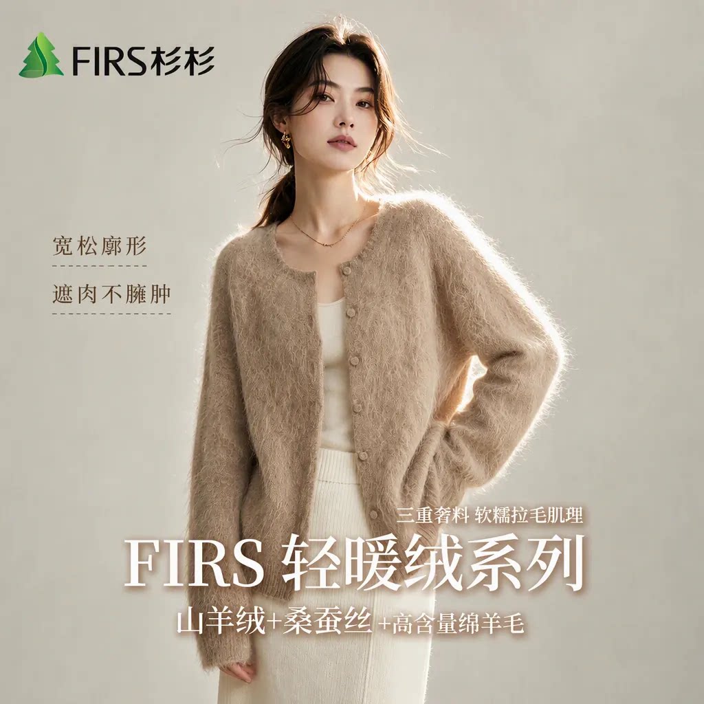 杉杉【轻暖绒系列】山羊绒蚕丝绵羊毛衣秋季女宽松拉绒针织衫外套