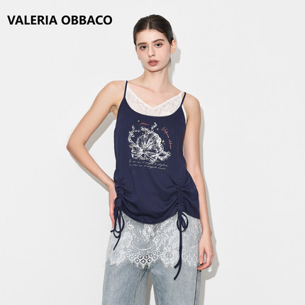 Valeria ObbacoVO奥贝科时尚个性设计感藏青色假两件蕾丝连衣裙