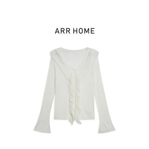 ARR HOME【纤柔荷叶】法式荷叶边V领开衫微喇长袖羊毛针织