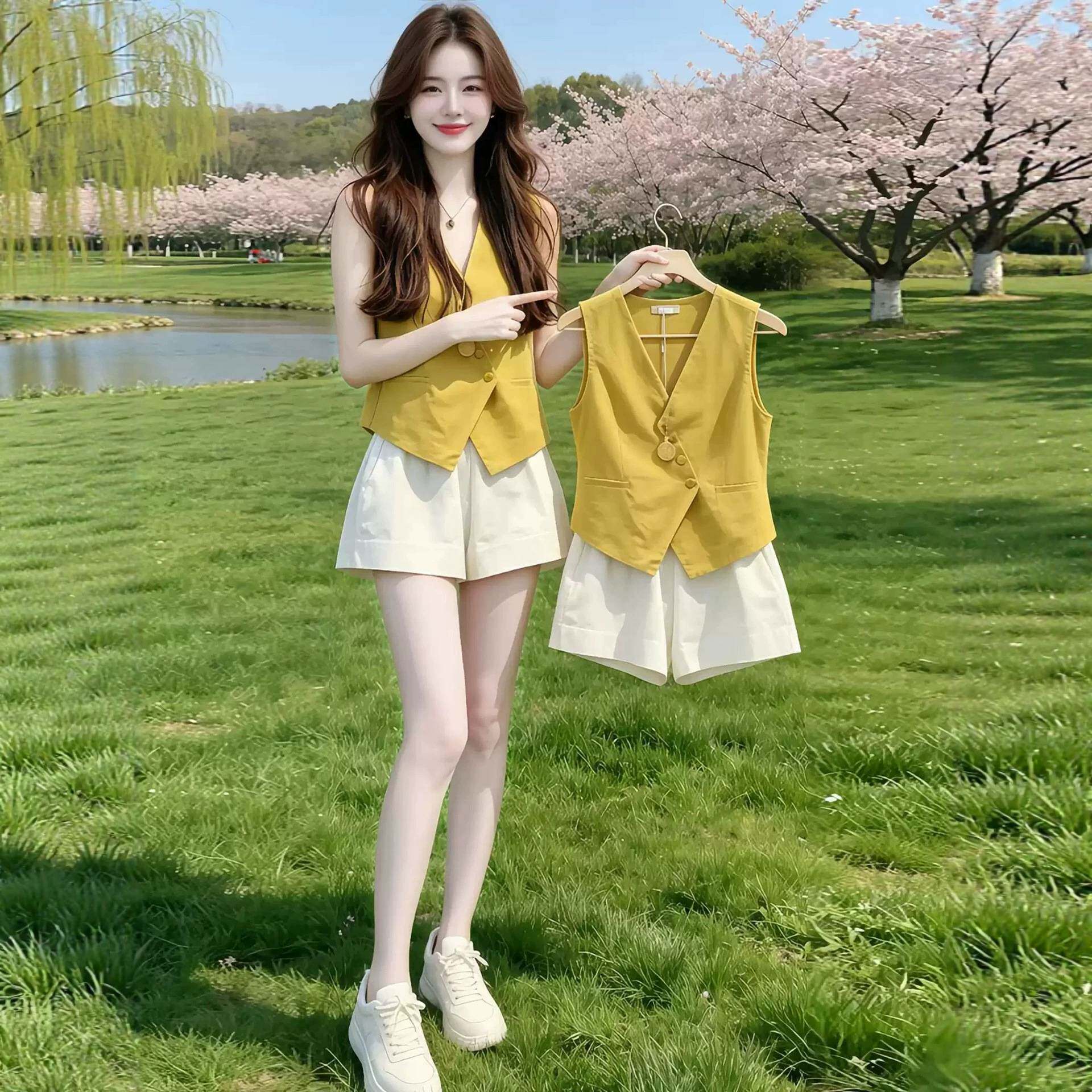 气质ootd穿搭一整套装女夏季无袖背心马甲上衣阔腿短裤时尚两件套