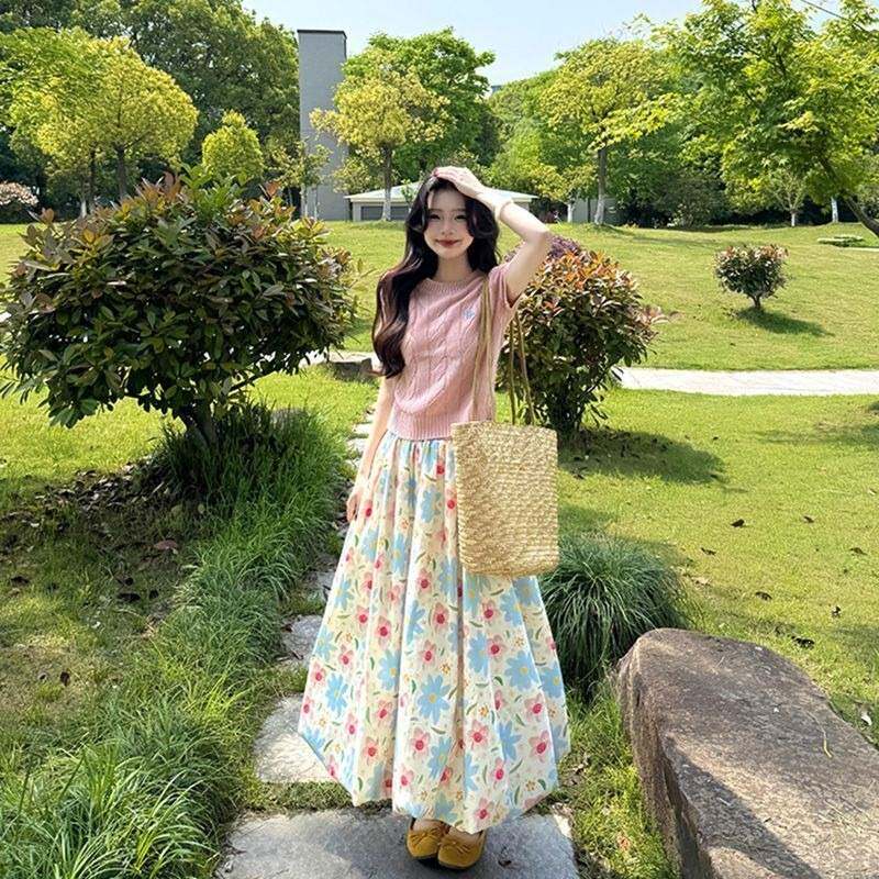 韩系温柔风显高花朵碎花半裙+粉色针织上衣遮肉显瘦夏日两件套潮