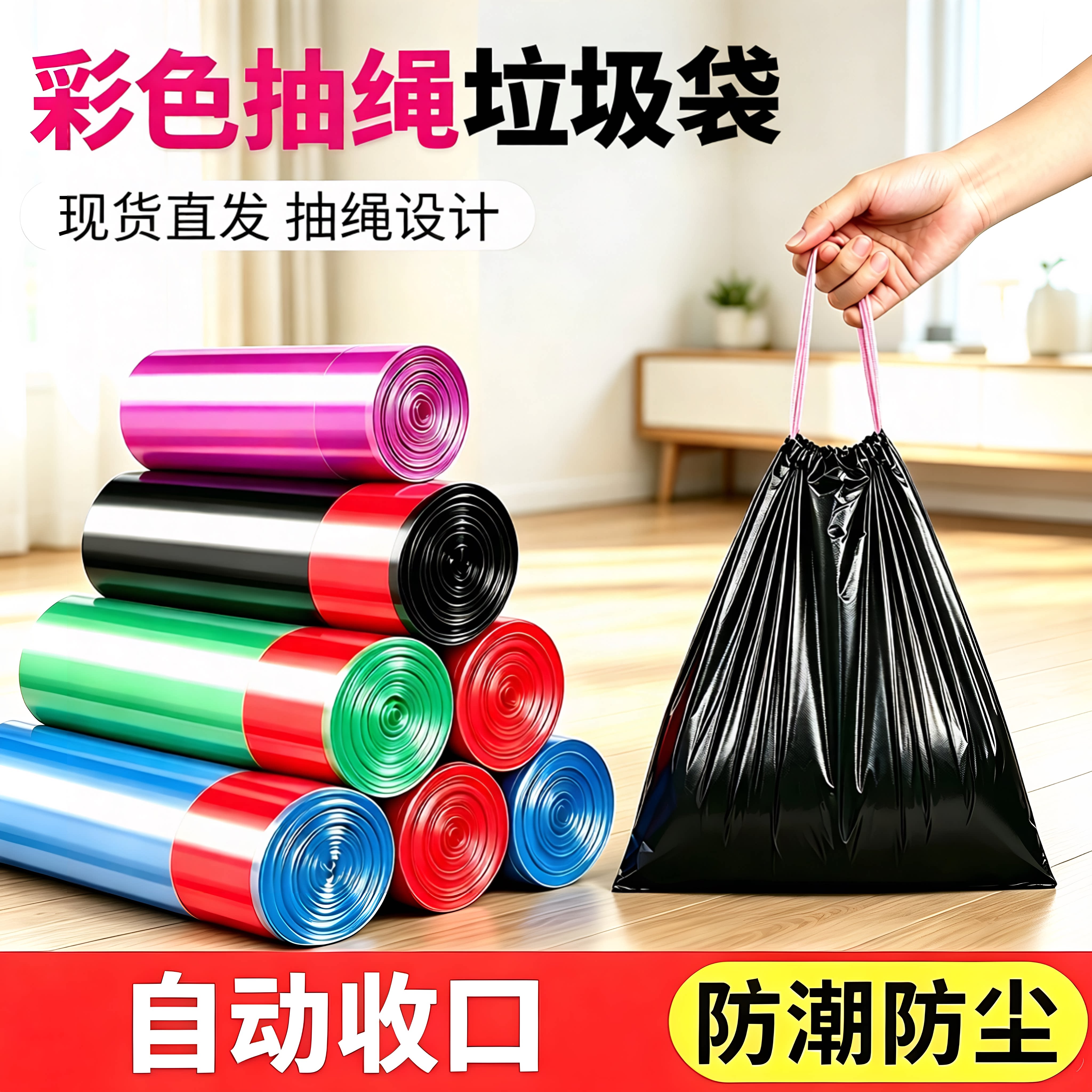 彩色抽绳束口袋收纳加厚垃圾袋厨房耐用防漏垃圾袋手提背心塑料袋