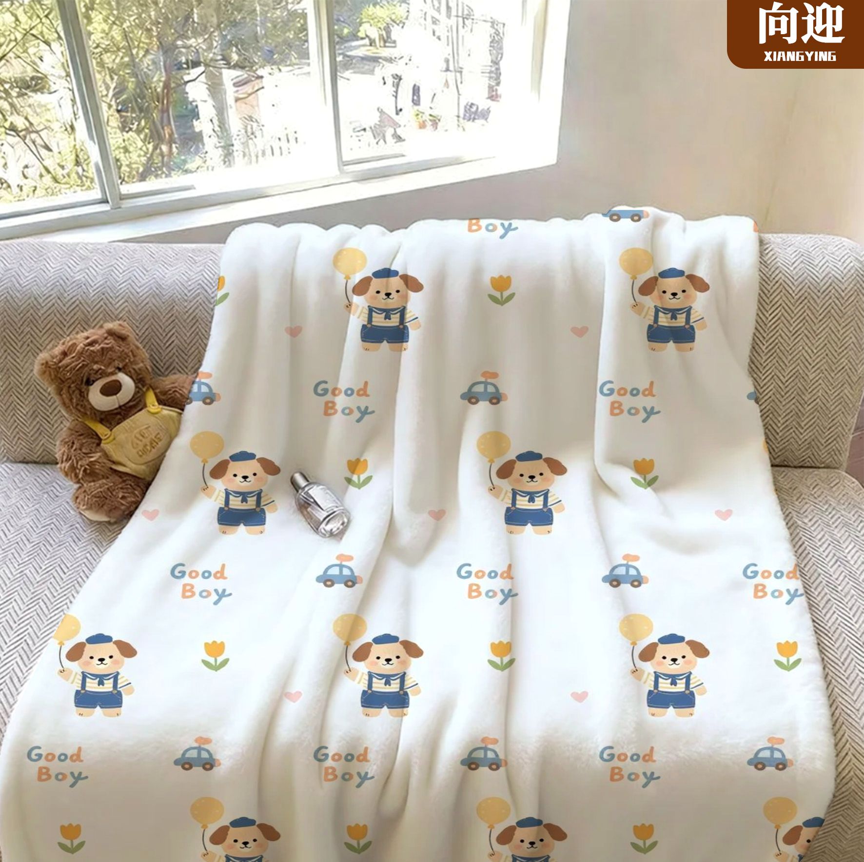 向迎法兰绒卡通小狗保暖毛毯披肩图片