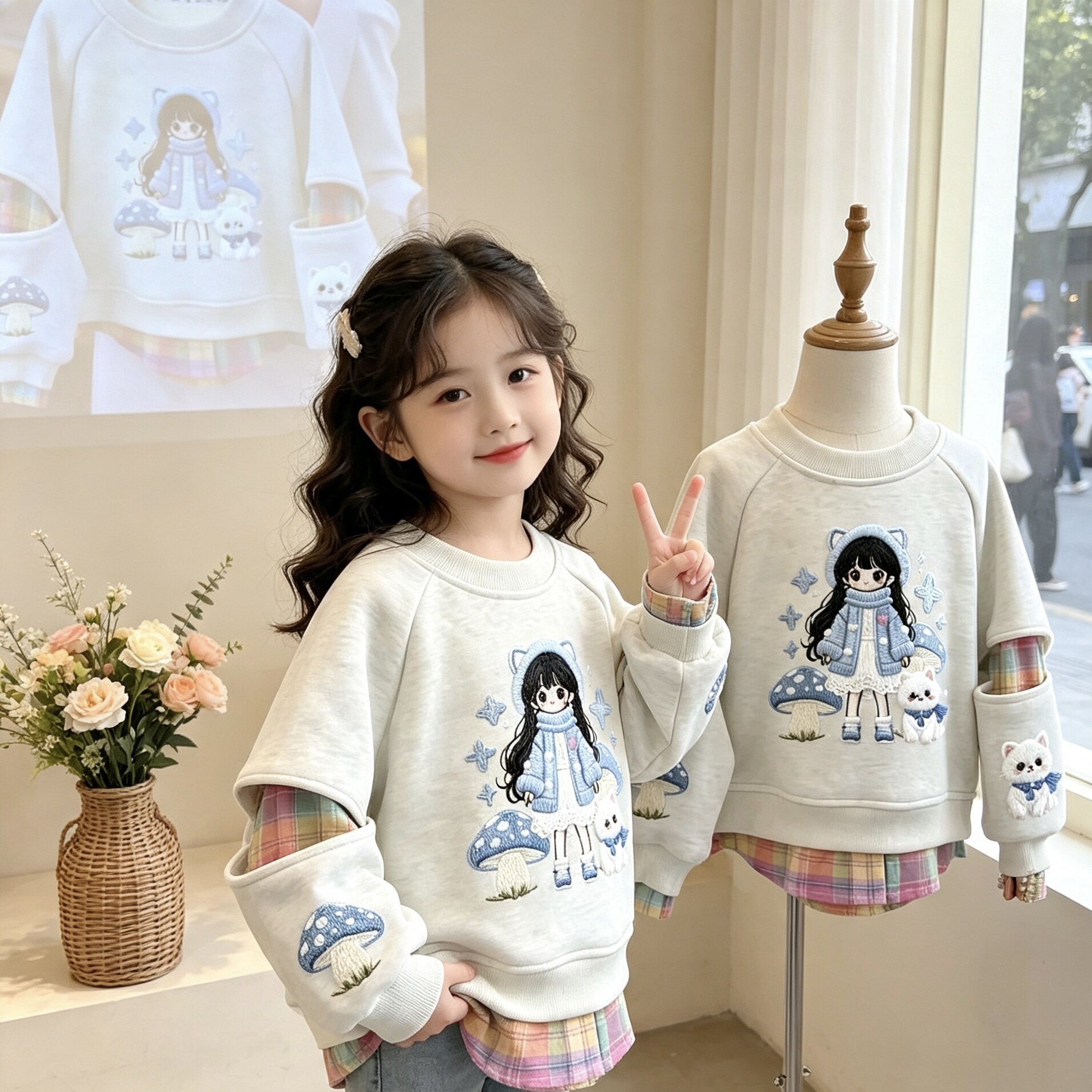 小满女童2026假两件拼接春秋季洋气时尚中大童百搭印花假两件卫衣