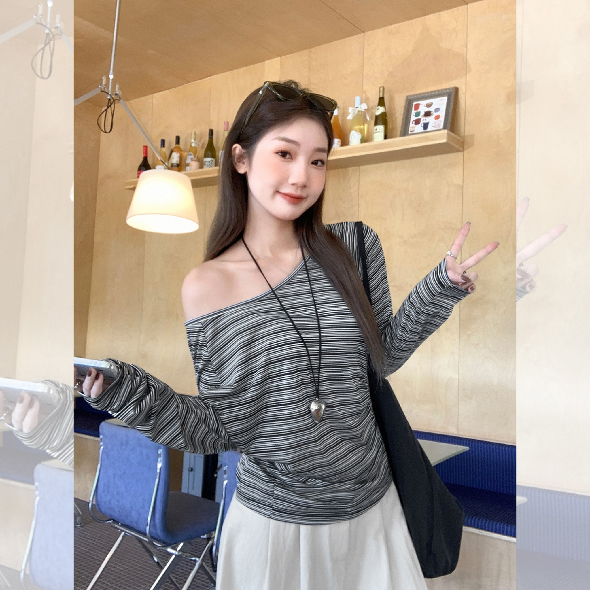 韩版斜肩条纹防晒长袖T恤女2026年新款百搭显瘦宽松松弛感上衣