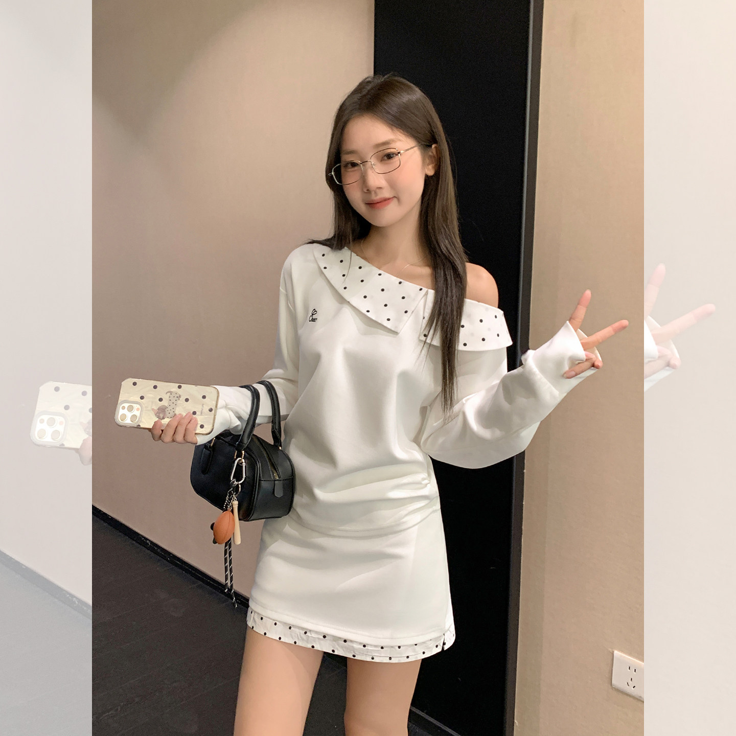 韩系白色波点斜肩长袖T恤女2026年显瘦少女感甜美百搭休闲上衣