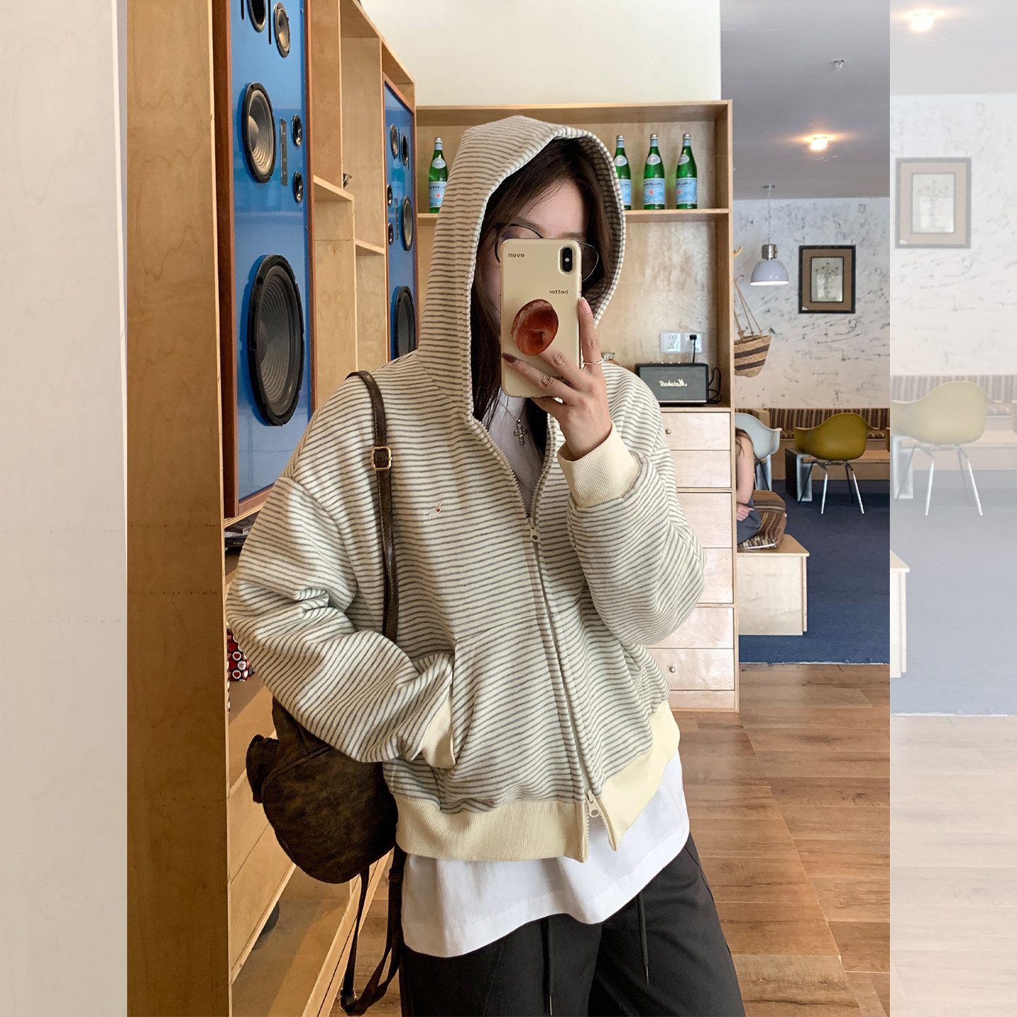 2026年新款韩系慵懒风条纹连帽卫衣女秋季松弛感拉链开衫宽松上衣