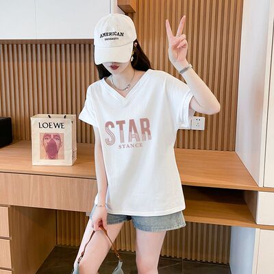 夏季纯棉V领后背冲孔短袖T恤女
