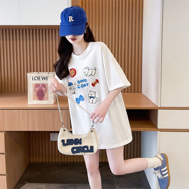夏季爆款宽松中长款卡通贴布刺绣时尚短袖T恤女减龄百搭韩版上衣