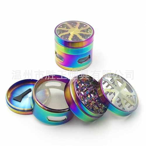 63mm闪电侧开窗炫彩锌制研磨器 金属开孔冰蓝色研磨器 彩虹碎研器