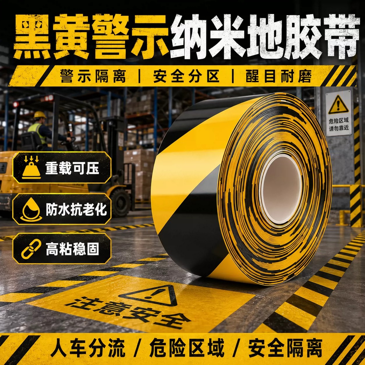 PVC警示黑黄斑马加厚耐磨胶带