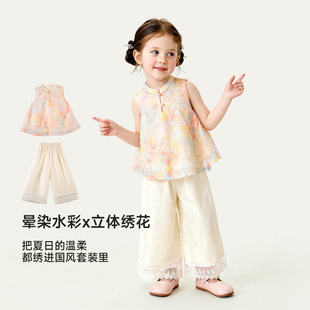 童贝童装2026夏季新款女童裤套装新中式晕染上衣蕾丝九分裤两件套