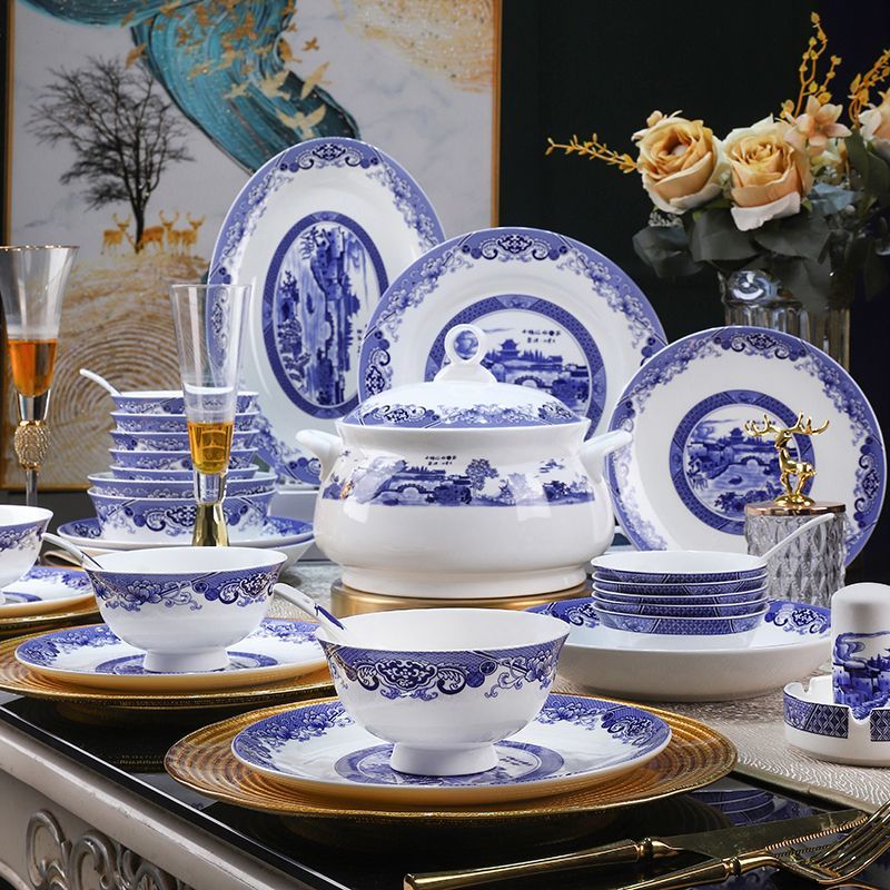 58青花青花瓷餐具中式套装家用碗盘陶瓷景德镇骨瓷乔迁碗碟筷组合