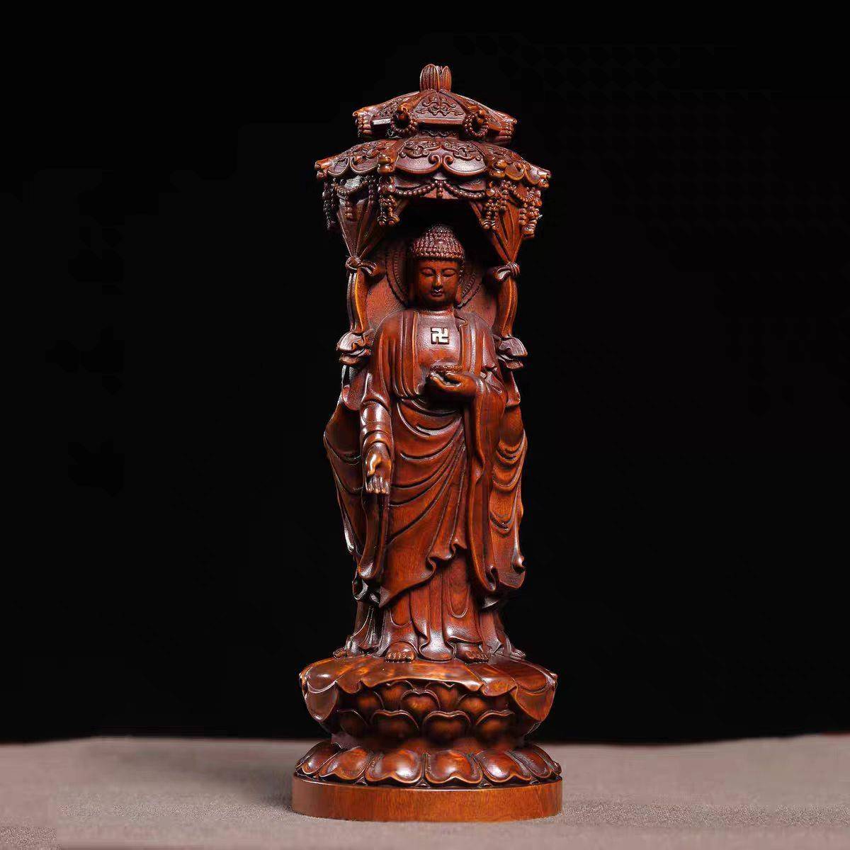 仿古做旧小叶黄杨木精雕西方三圣佛像古玩旧藏摆件家居装饰品工艺