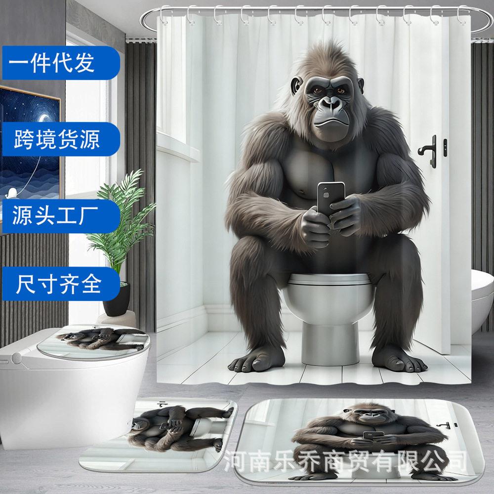 大猩猩图案浴帘套装装饰包括浴帘防滑地垫马桶盖浴室垫和个挂钩