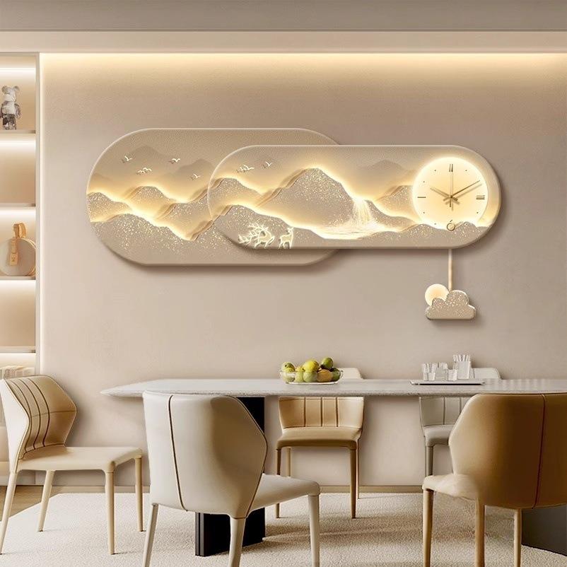 日照金山轻奢餐厅装饰画带钟表客厅沙发背景墙挂画高级感餐桌壁画