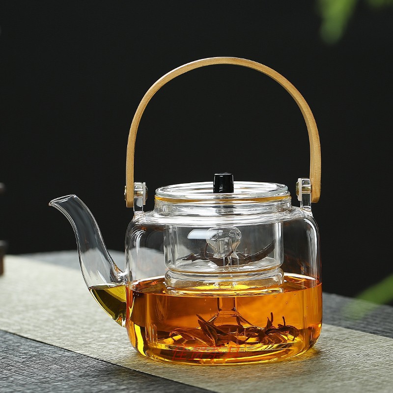 高硼硅玻璃新款扁竹把透明茶壶