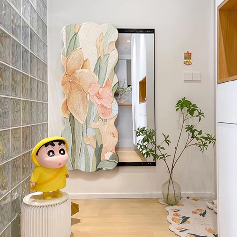 奶油风全身镜装饰画推拉镜子画隐藏式玄关壁画肌理感花卉客厅挂画