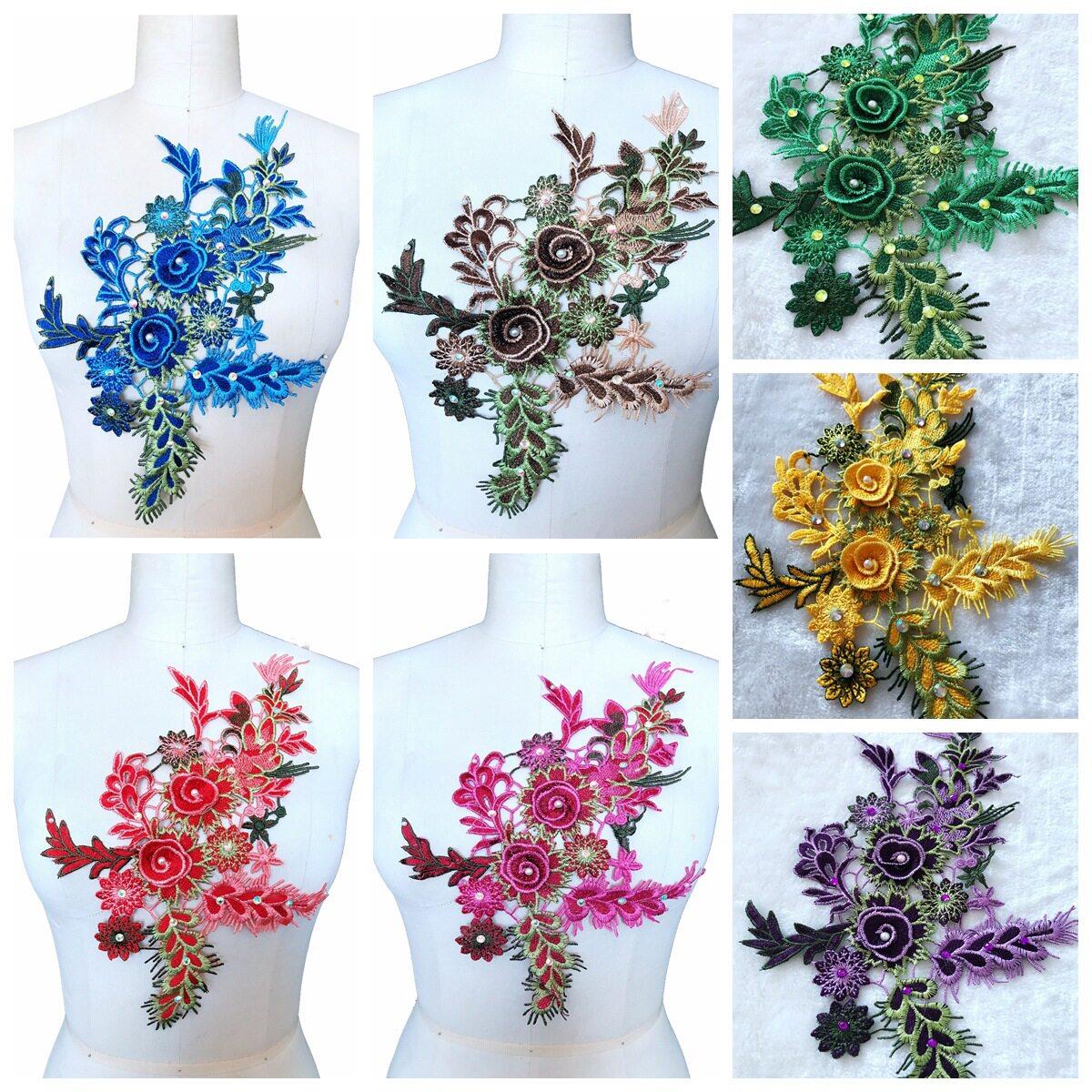 彩色烫钻蕾丝贴花刺绣立体花朵布贴衣服装饰补丁旗袍礼服绣花贴