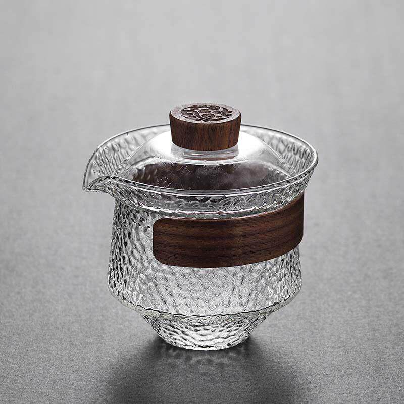 日式锤纹玻璃盖碗茶杯不烫手个泡茶碗大号手抓茶壶茶具