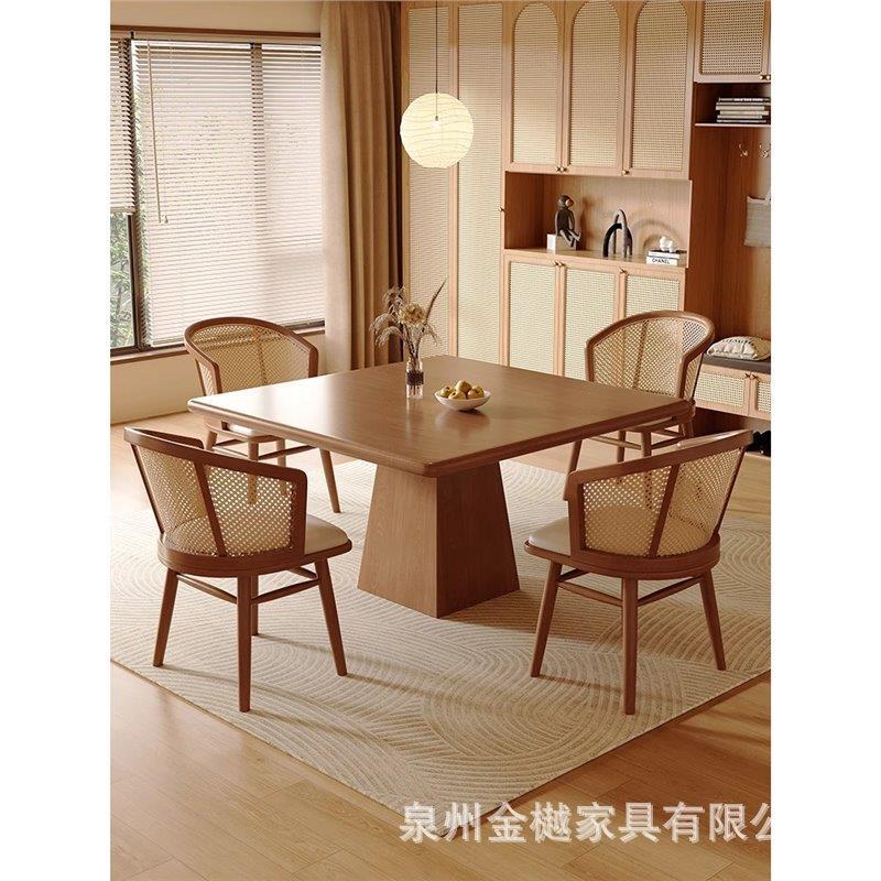 实木藤编四方形餐桌椅组合民宿酒店原木吃饭桌客厅泡茶桌麻将桌