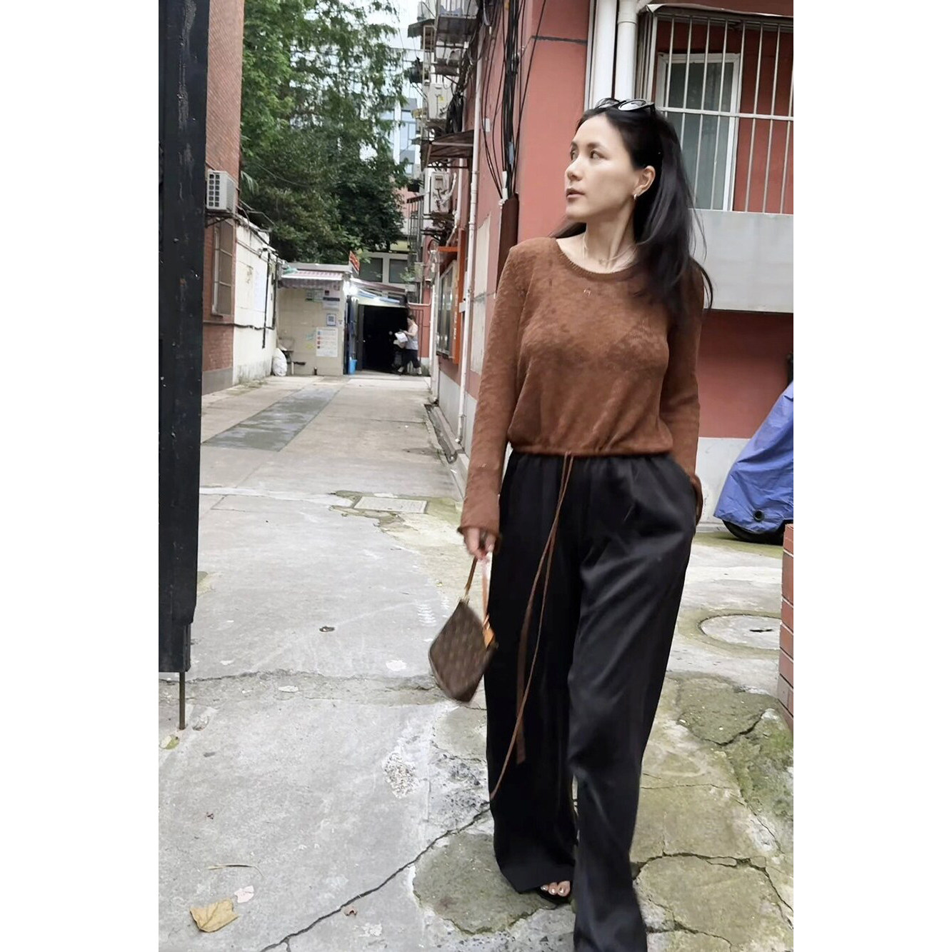 TANG TOWN 潇洒大女人长腿裤 19姆米黑色砂洗真丝松紧裤 直筒裤女