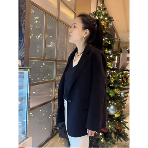 TANG TOWN  自制高克重小山羊绒大衣双面纯羊绒黑色手工外套女