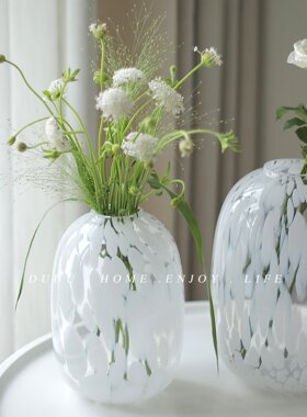 duuuhome白色圆形小口大肚斑点透明玻璃花瓶水培鲜花简约餐桌摆件