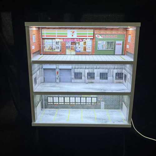 1:64三层带灯光车库展示盒 小比例拼装款车模收纳盒带防尘罩模型