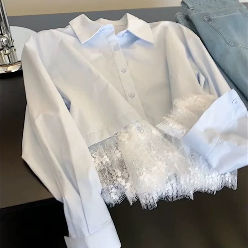 法式超好看独特漂亮蓝色短款蕾丝拼接衬衫衬衣女2025新款爆款春装