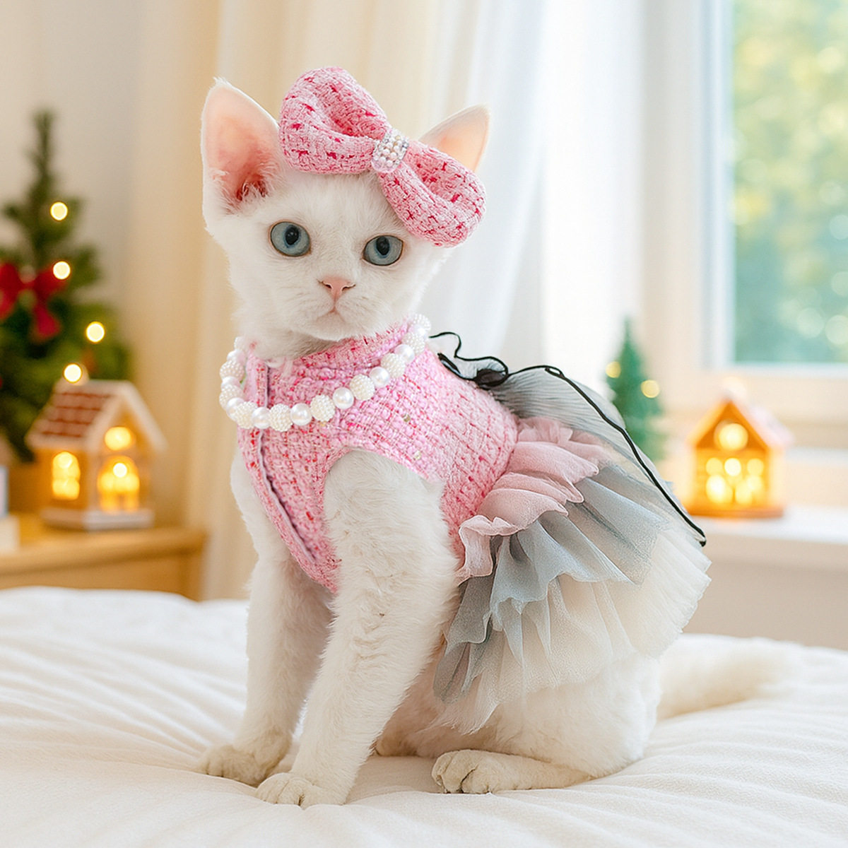 时尚猫咪服装可爱粉色小香风蝴蝶结发夹围嘴饰品套装
