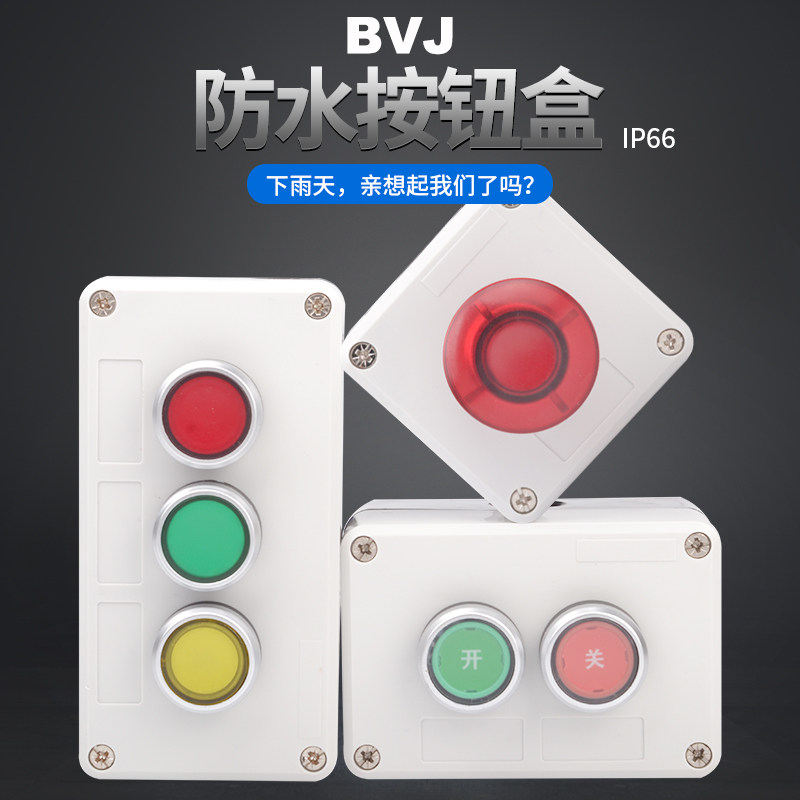 按钮开关自覆位带灯24v小圆形点动工业控制盒防水三双位220蘑菇头图片