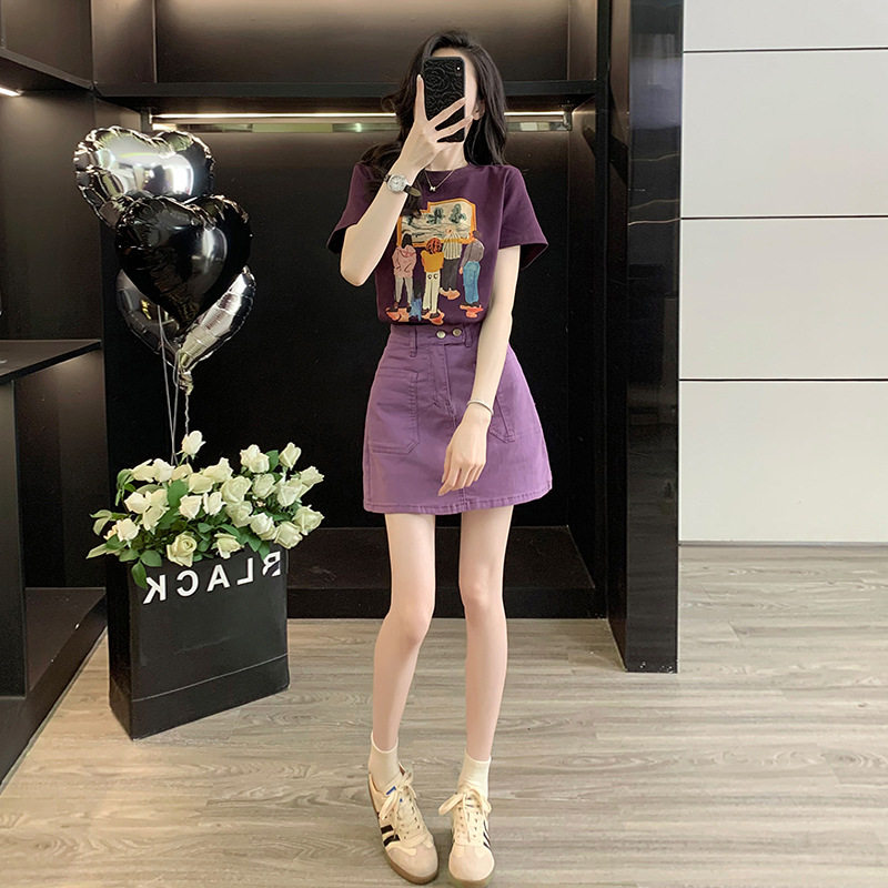 夏季女款显瘦紫色短袖T恤高腰包臀牛仔半身裙时尚百搭减龄套装潮