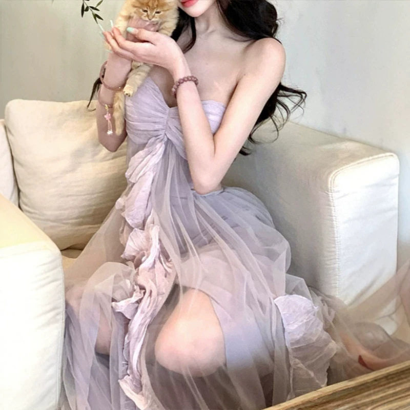 度假风连衣裙2026夏季新款设计感抹胸长裙紫色网纱裙子