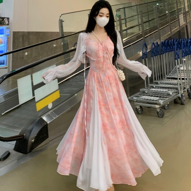 大码女装度假风收腰系带碎花吊带连衣裙薄款开衫两件套雪纺