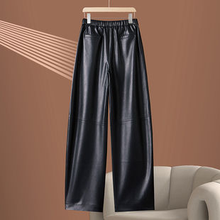 垂感休闲阔腿裤 女高腰宽松绵羊皮直筒弯刀裤 秋冬真皮皮裤 2025新款